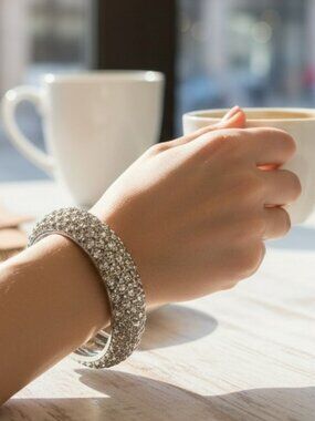 NWT Chico’s Silvertone Pave Rhinestone Hinged Bangle Bracelet OS